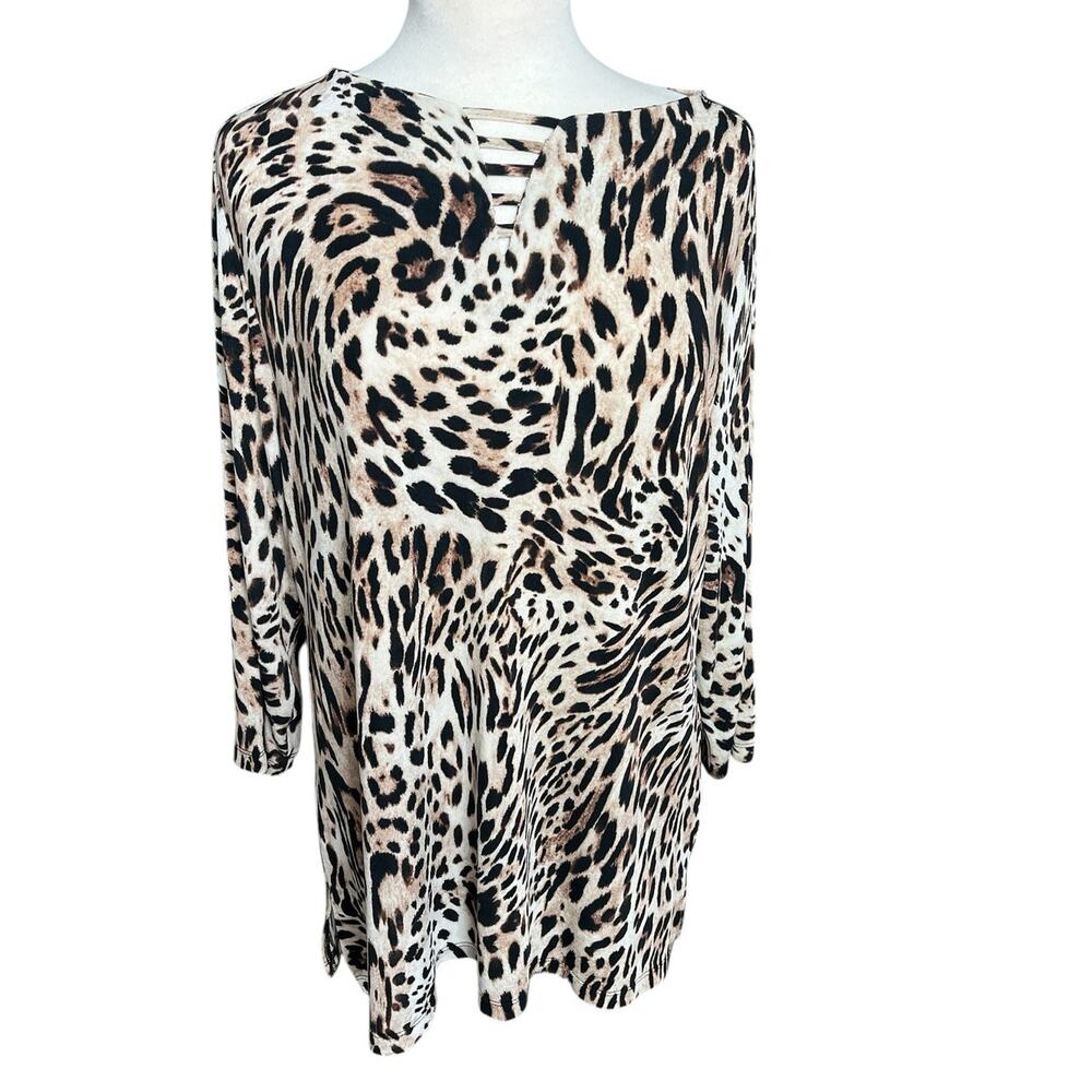 Chico's Travelers 2 Leopard Animal Print Tunic 3/4 Sleeve Slinky Travel (12/14) - Picture 2 of 12